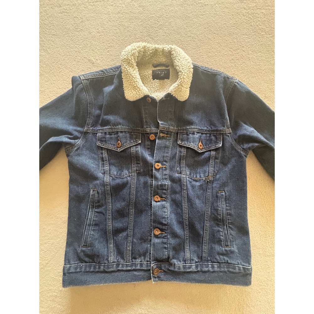 Triot Los Angeles Mens Sherpa Lined Neck Denim Trucker Jacket Blue Large